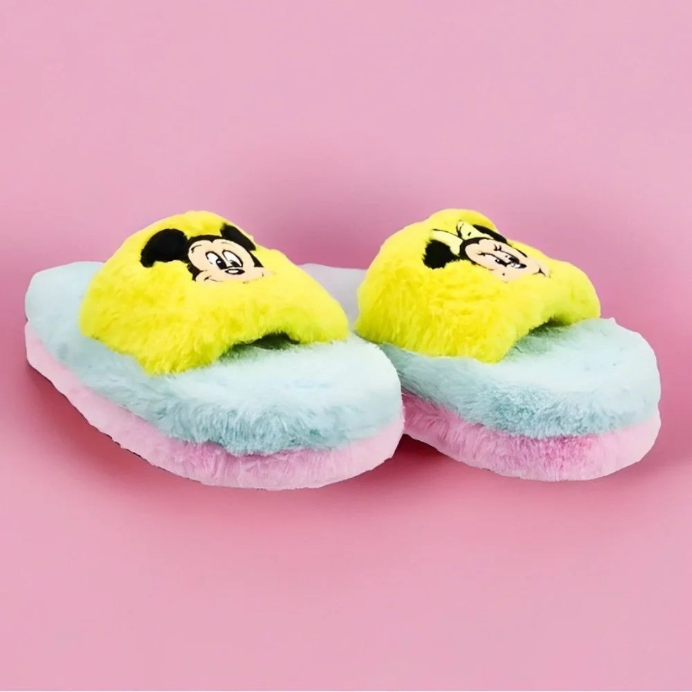Disney Parks Retro Minnie Mickey Mouse Pastel Fuzzy Slippers - Picture 1 of 4